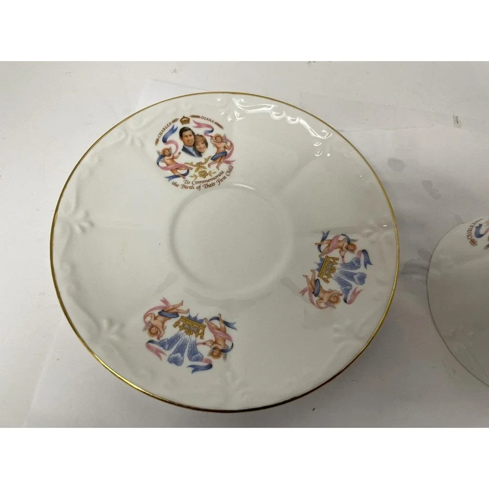 Canadian Royal Birth Commemorative Teacup Saucer Charles Diana White Gold